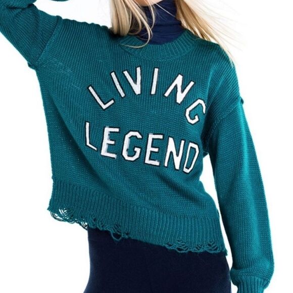 WILDFOX OVERSIZED SLOUCHY LIVING LEGEND DISTRESSED SWEATER WOODFALL GREEN WOOL S - Picture 1 of 13